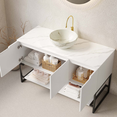 48" Bathroom Vanity & Sink, Freestanding Bathroom Storage Cabinet With 3 Doors And Open Shelf, Bowl Ceramic Basin With Stone Pattern & Carrara White Sintered Stone Top