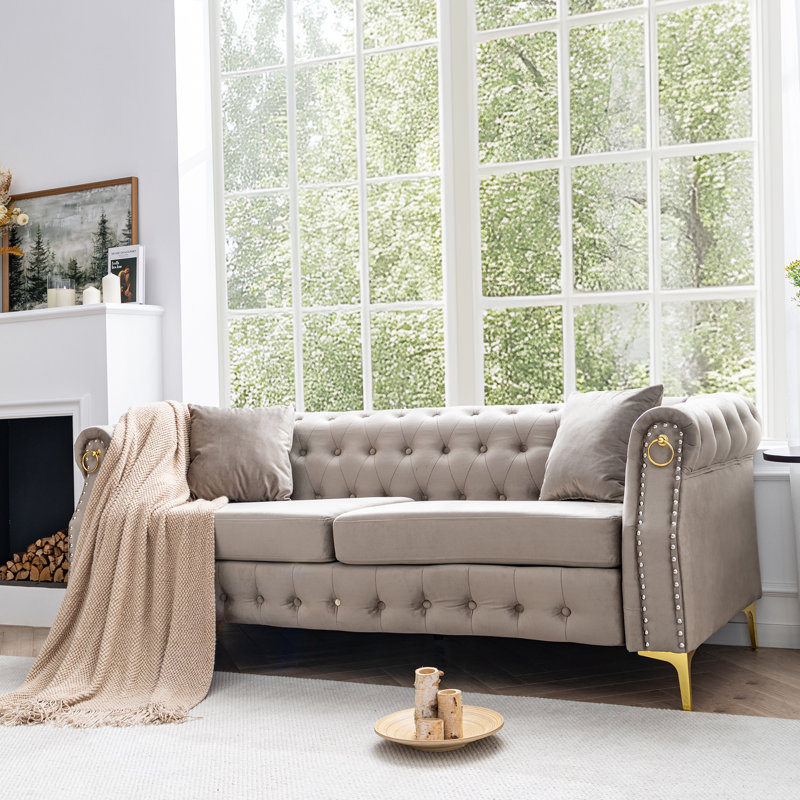  83.5" Velvet Chesterfield Tufted Sofa, Beige