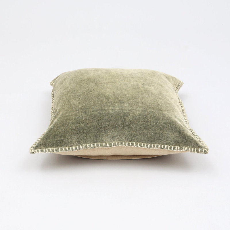 Throw Pillow | Stonewashed Cotton Velvet Throw Pillow with Decorative Handstitched Edges-18X18", Pickle