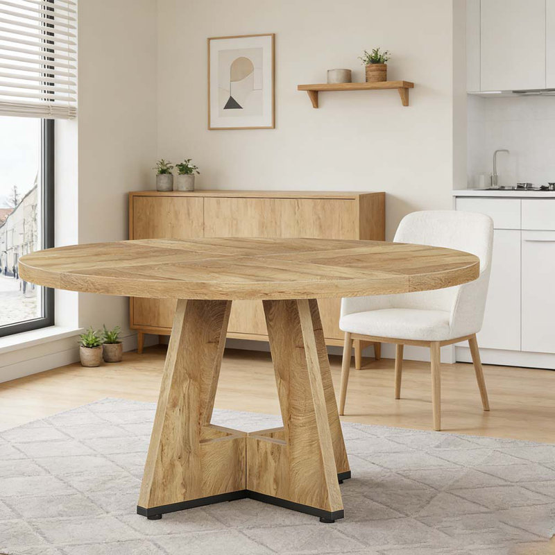 Wooden Round Farmhouse Kitchen Dinner Table for 4, Natural