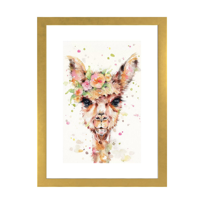 «Little Llama» par Sillier Than Sally - reproduction d'art, Papier encadré doré, Blanc, H 32 po x l 24 po x P 1 po