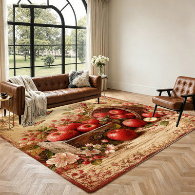 Tapis vintage à motif de panier de pommes, tapis décoratif artistique à motifs floraux et papillons, décoration de sol résistante pour salon, chambre, cuisine, style champêtre, décoration intérieure