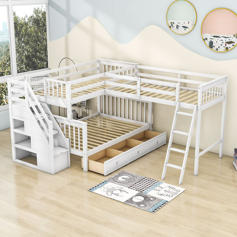 Hoople Twin over Full L-Shaped Wood Bunk Bed With 3 Drawers, Ladder and Stair, White