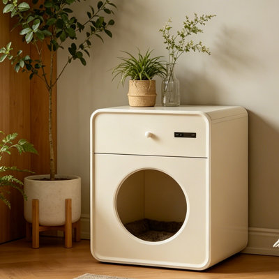 Table de chevet pour chat en bois massif avec tiroir de rangement, lit pour animaux de compagnie crème moderne et table d'appoint pour la chambre à coucher