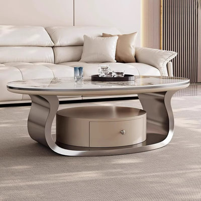 Table basse ovale en pierre blanche + acier inoxydable + écologique E0