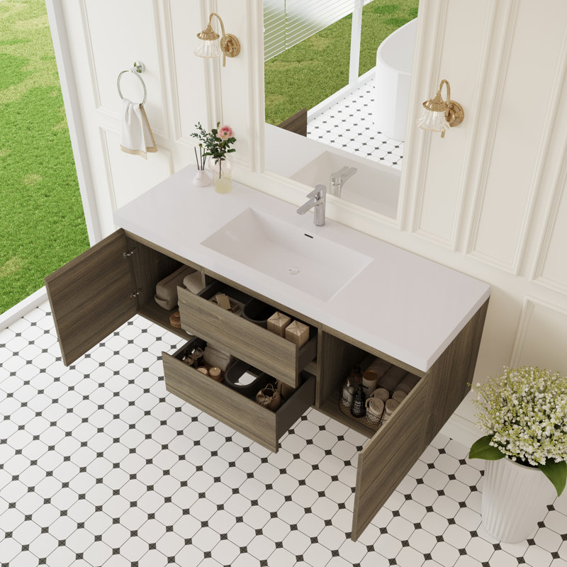 Meuble-lavabo flottant moderne avec lavabo à surface solide pour un rangement élégant dans la salle de bain
