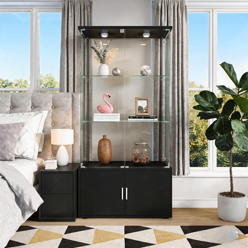 Black Double-Door Four-Tier Storage And Display Cabinet, Remote-Controlled Ambient Lighting, Adjustable Legs, Multi-Functional Living Room Wine Cabinet And Filing Cabinet.