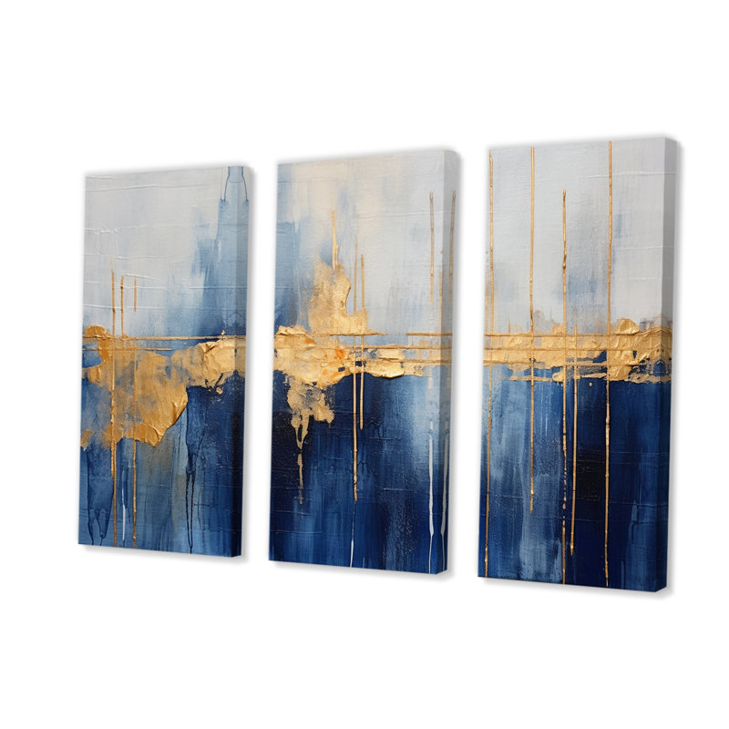 " Fabric Of Time Abstract Blue And Gold IV " 3 - Pieces, 40" H x 60" W x 1" D