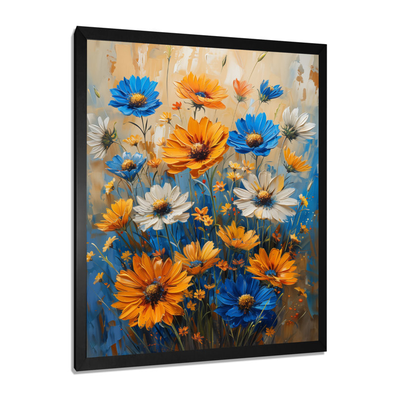 Fleurs jaunes et bleues rayonnantes dans une ferme II, Toile encadrée noire simple, H 20 po x l 12 po x P 1 po