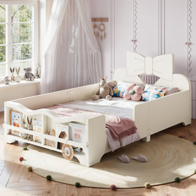 Base de lit plateforme simple en bois avec tête de lit et bibliothèque Bowknot, base de garde-corps à profil bas, beige