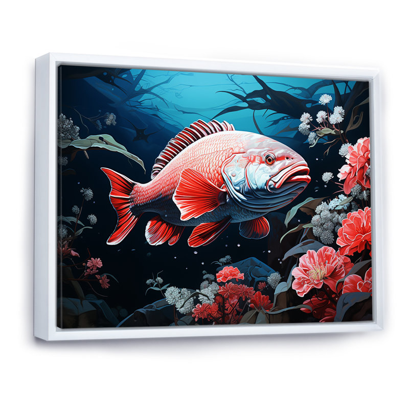 Danse du poisson rouge monochrome sur toile, Cadre flottant blanc, H 30 po x l 40 po