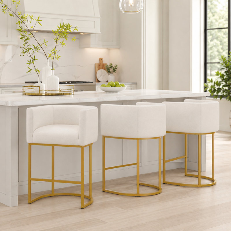 Upholstered Counter Height Stool with Metal Frame (Set of 2), 2, Beige Seat/GoldFrame