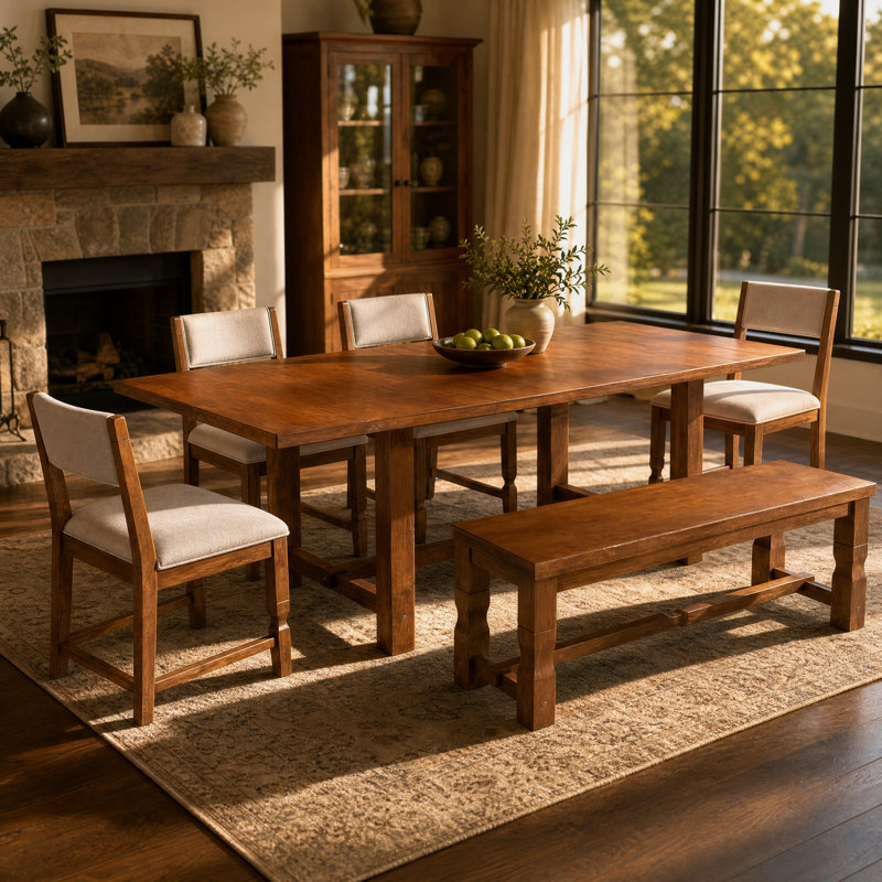 Ensemble de salle à manger extensible 6 pièces pour 6 personnes comprenant une table en bois d'hévéa (152 à 213 cm), 4 chaises rembourrées et un banc (122 cm), 2 rallonges amovibles, marron