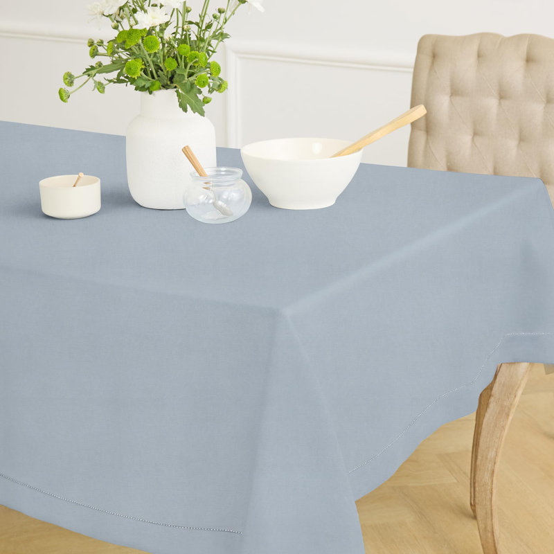 100% Pure Linen Hemstitch Table Cloth - Classic Hemstitch, Dusty Blue, 132" x 60"