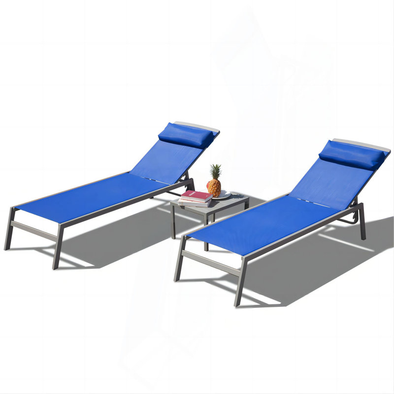 Patio Chaise Lounge Set, 3 Pieces Adjustable Aluminum Backrest Pool Lounge Chairs Sunbathing Recliner With Headrest, Blue