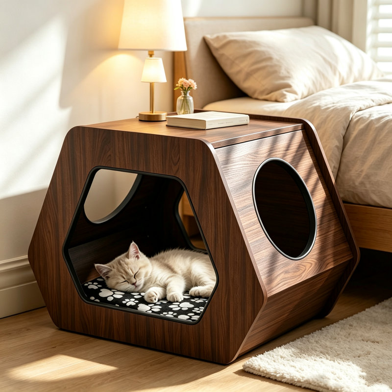Lit de chat hexagonal compact et multifonctionnel en panneaux de particules à motif de bois, idéal pour les petits espaces.