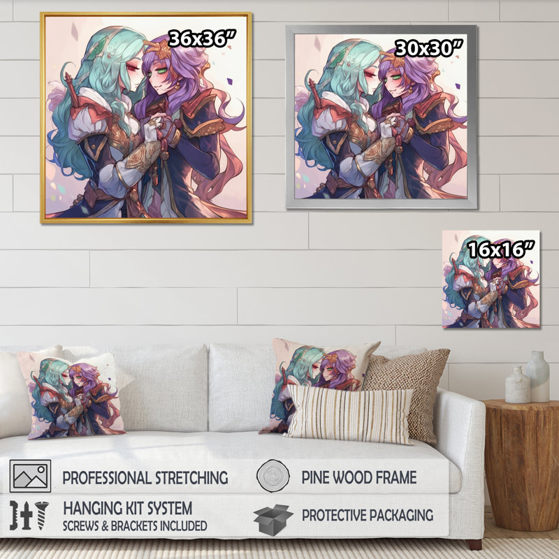 Couple d'anime s'embrassant pastel tendre, impression sur toile, H 24 po x l 24 po x P 1 po, Cadre photo noir simple