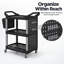 Chariot utilitaire roulant à 3 niveaux avec panneaux perforés et seau, supportant jusqu'à 90 kg (200 lb), en plastique, pour le rangement d'outils dans un garage, un entrepôt ou un atelier. Couleur noir et gris clair.