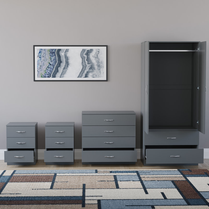 Tayce 4 Piece Bedroom Set (3 Drawer Bedside Chest X2, 5 Drawer Chest, 2 Door 2 Drawer Wardrobe), Grey