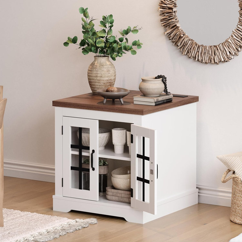 Buffet Cabinet with Storage, Sideboard Buffet with Glass Doors, Built-in Power Outlet, Elegant Walnut Top Plate, for Kitchen, Coffee Bar, Pantry, Living Room