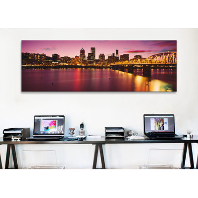 " Skyscrapers Lit Up At Sunset, Willamette River, Portland, Oregon, USA " by Panoramic Images