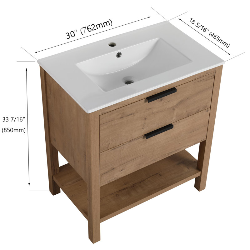 Antja 30" Freestanding Single Bathroom Vanity Set with Ceramic Basin Top，1 Shelf and 2 Soft Close Drawers, Imitative Oak