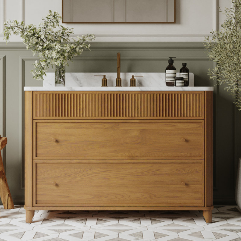 Meuble-lavabo simple 48 po avec comptoir Statuario, 48", Chêne naturel rehaussé