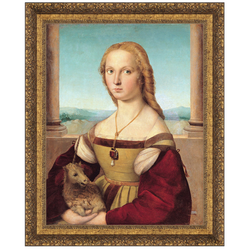 «Young Woman with Unicorn, 1506» par Raphael (Sanzio Raffaello), reproduction d'art encadrée, H 15 po x l 13 po x P 1,125 po