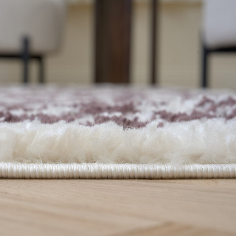 Moodi Modern Shaggy Area Rug Checkered Design, Round 120 cm, Off-White/Purple