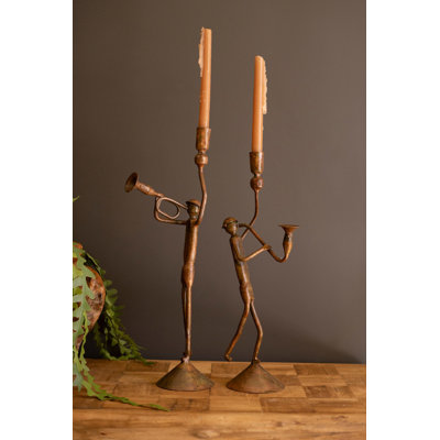  Ensemble de deux porte-bougies coniques en métal, trompette et saxophone