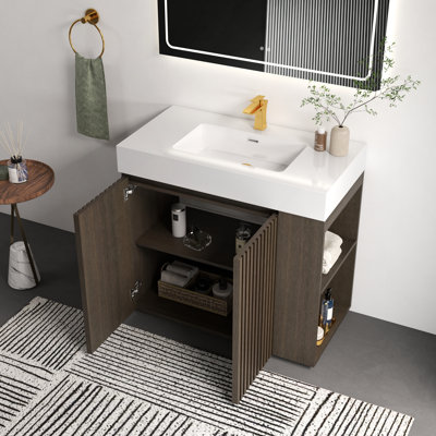Meuble-lavabo de 36 po en chêne fumé avec lavabo à quartz, grand rangement pour salle de bain moderne, conception autoportante, sans drain et robinet inclus