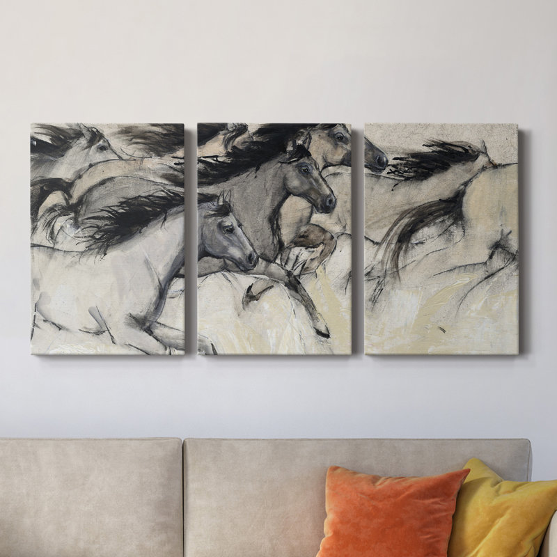 Horses In Motion I - Toile tendue avec châssis de qualité supérieure - Prêt à être accroché, H 27 po x l 54 po x P 1 po