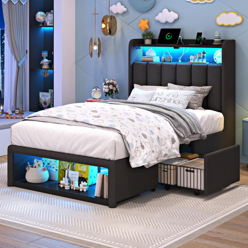 Upholstered Platform Bed with Storage Headboard , 2 Storage Drawers & Footboard Cabinet, Charging Station and LED Lights