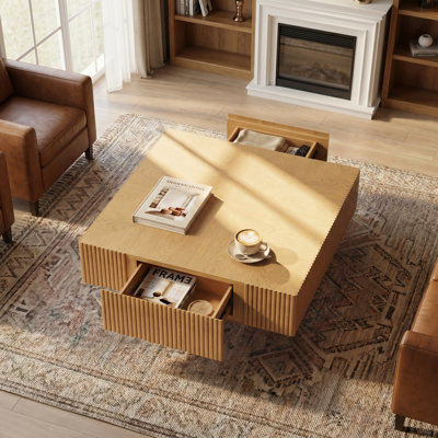 Modern Coffee Table, 2-Drawer Square Living Room Coffee Table With Solid Wood Top