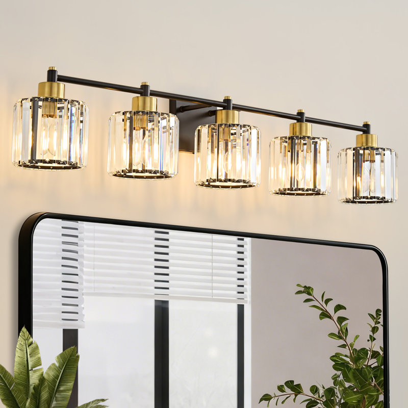 Berto 3-Light Dimmable Vanity Light with K9 Crystal Shades, Matte Black/Gold, 5 Lights
