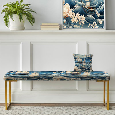 Maritime Coastal Boot Damask Voyage - Coastal Upholstered Gold Bench