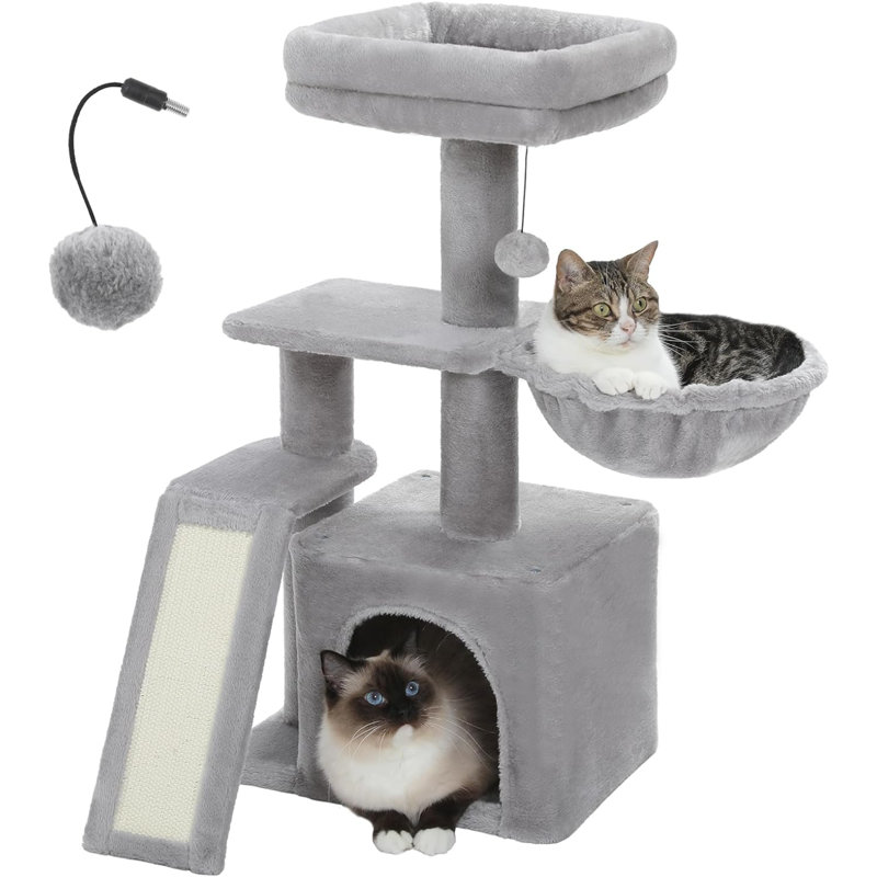 Gray Plush Cat Tree with Sisal Scratching Ramp and Hammock