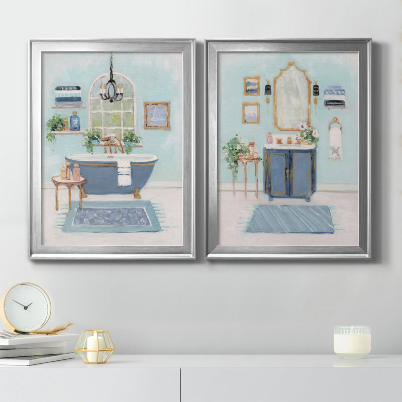 «Blue Bath I», reproduction encadrée de qualité supérieure - prête à être accrochée, Argent, H 22,5 po x l 61 po x P 1,5 po