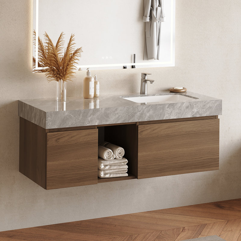 48" Walnut Bathroom Vanity with Sink, Modern Brown Wood Single Vanity Cabinet with Storage, Minimalist Design Bathroom Cabinet Including Drain Assembly