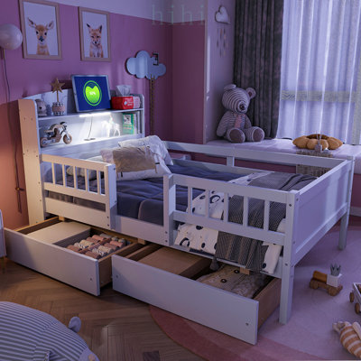 Lit plateforme en bois pour une personne avec éclairage DEL intégré, tête de lit multifonctionnelle, barrière de sécurité et 2 tiroirs pour plus de sécurité et de rangement