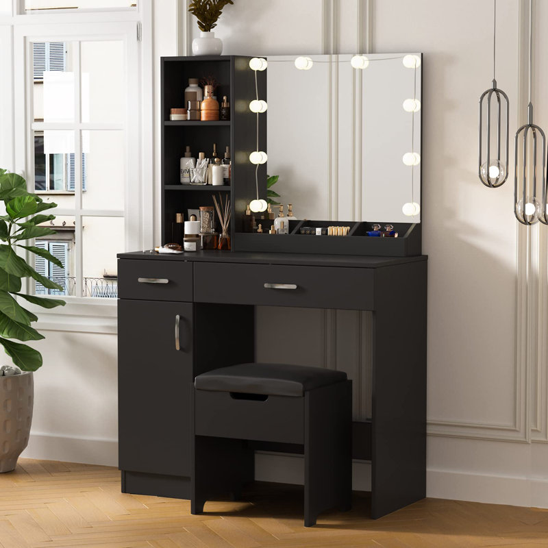 Ensemble de meuble-lavabo 35,4 po avec tabouret et miroir, Noir