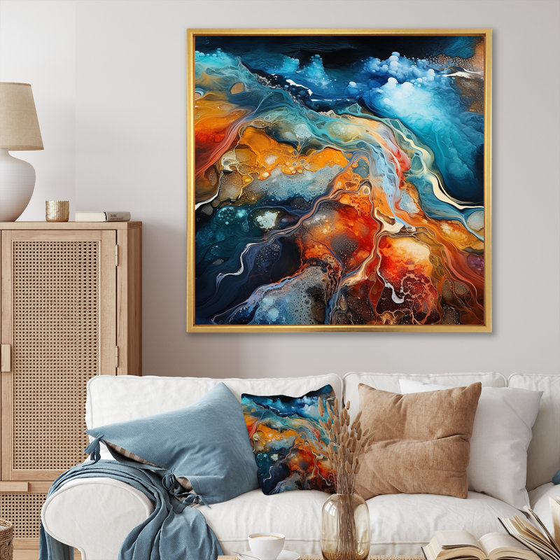 Art mural bleu et brun avec art géométrique liquide - formes abstraites, salon, Cadre flottant doré