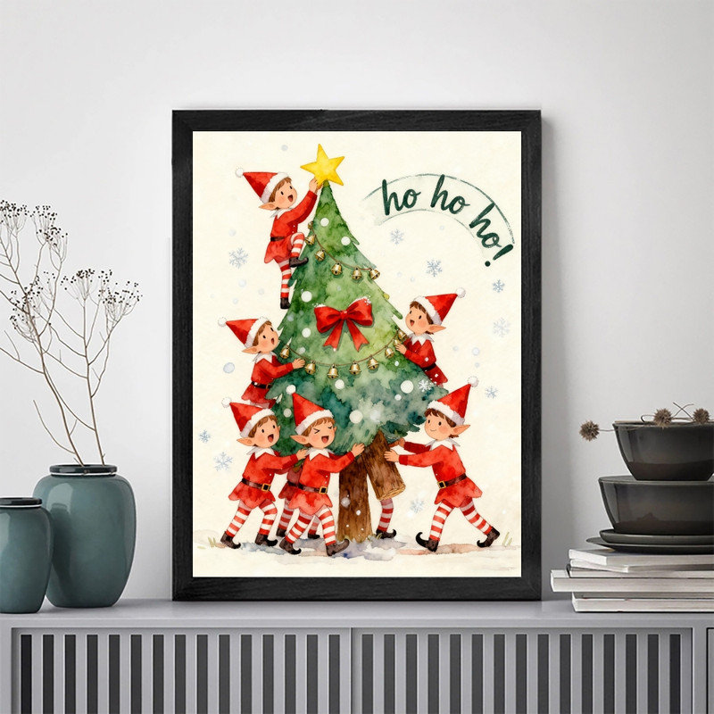 Cadre noir noir, elfes de Noël animés, reproduction de cadre aquarelle, H 37 po x l 25 po
