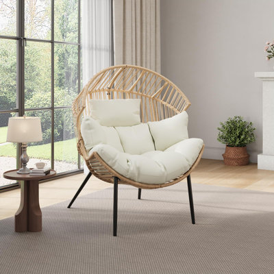 Oversized Outdoor Wicker Egg Lounge Chair, Ergonomic Rattan Rocker with Thick Cream Cushion & Soft Pillow for Indoor Living Room Backyard Garden