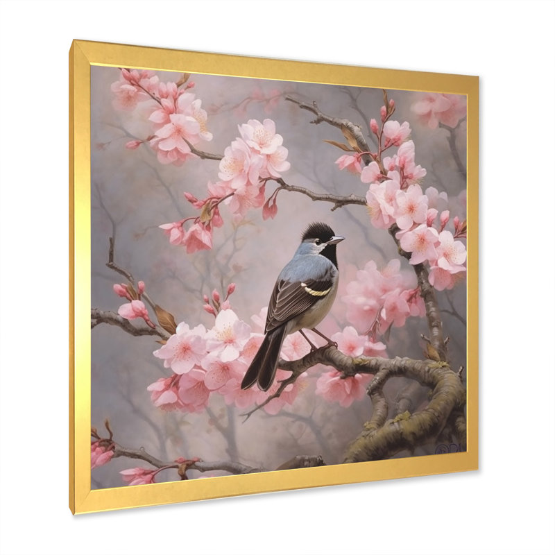 «Bluebird On Blossom Cherry I» sur toile, Cadre doré à une seule photo, H 30 po x l 30 po x P 1 po