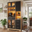 100cm W Freestanding Kitchen Cabinet & Microwave Stand with App-Controlled LED Lights, Multi-Tier Glass Door Pantry Cupboard with Power Socket, Black & Natural, 100x40x185cm