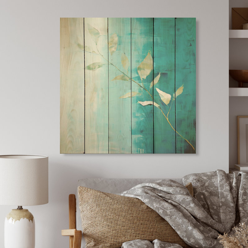 «Turquoise Abstract Leaf Harmony - Leaves Wood», art mural sur bois de pin naturel, H 30 po x l 30 po