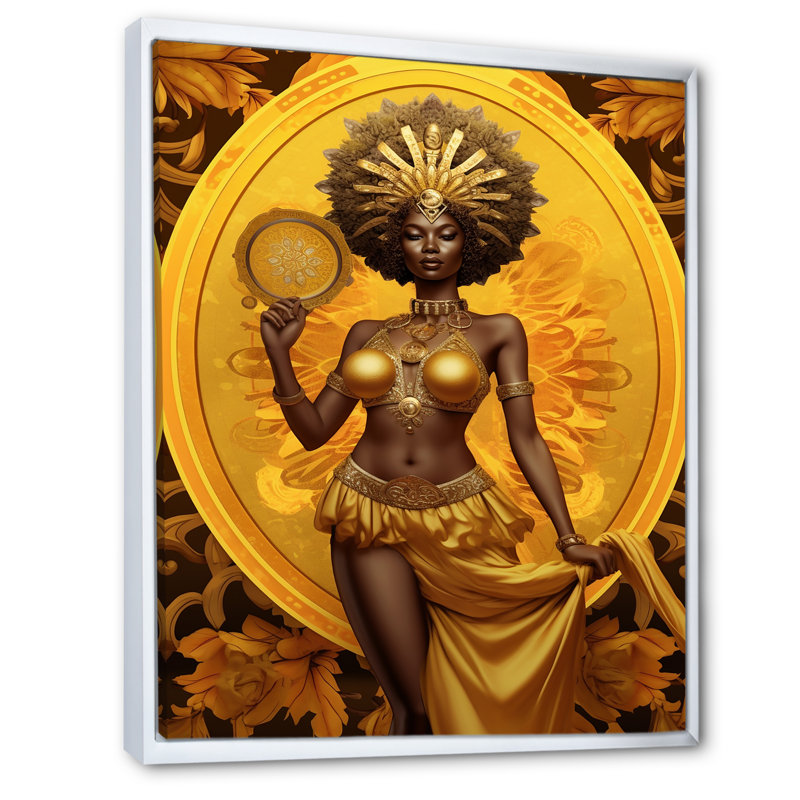 Orisha Oshun avec miroir déesse africaine - art mural femme afro-américaine, Cadre flottant blanc, H 20 po x l 12 po x P 1 po