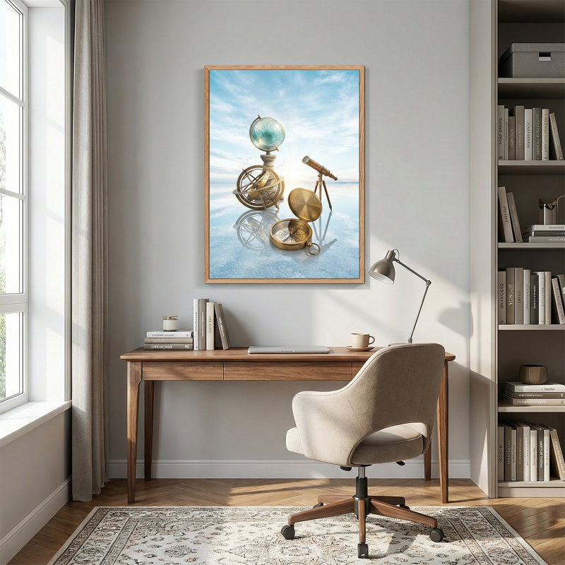 Art mural rétro avec boussole en laiton et globe céleste, H 48 po x l 36 po