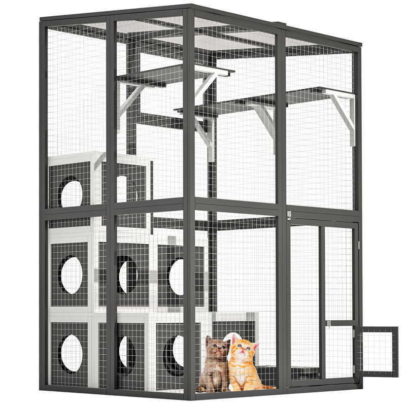 Bois gris - 2 plateformes de saut et 7 maisons pour faire la sieste pour chats heureux, grand chat d'extérieur en bois massif, plateformes, maisons, finition